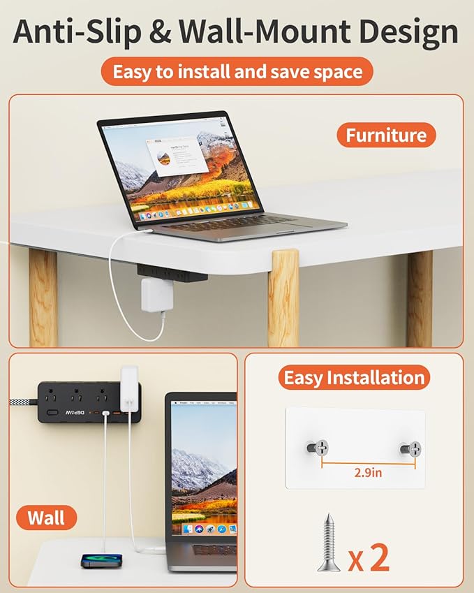 Power Strips with Surge Protection, 5FT Braided Extension Cord with Multiple Outlets-8 AC Outlets 4 USB Ports (2 USB C), Flag Plug, 1700 Joule Surge Protector for Home Office, Black