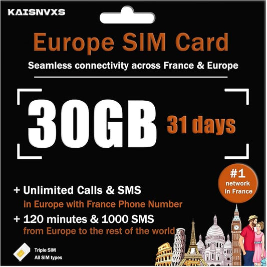 Prepaid SIM Card for Europe Travel with 30GB of 4G Data, Unlimited Calls and SMS in Europe with France Phone Number, 120 mins and 1000 SMS from Europe to Worldwide(Lasts for 31 Days),Tethering Allowed