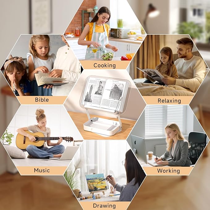 ASIEIT Book Stand for Reading, Adjustable Book Holder with 360° Rotating Bases & Elastic Page Clips, Foldable Desktop Riser with Storage, Display Stand for Bible, Laptop, Recipe, Textbook