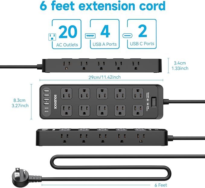 Flat Plug Power Strip Surge Protector with 20 AC Outlets 6 USB Ports, 1875W/15A, 2700 Joules, 6 Ft Heavy Duty Extension Cord with Multiple Outlets for Home, Office, Dorm, Gaming,ETL Listed