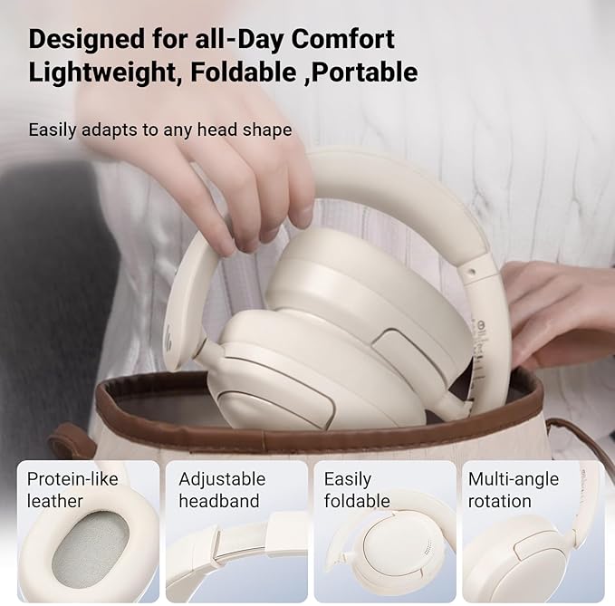 Edifier V80 Hybrid Active Noise Cancelling Headphones, True Wireless Over Ear Bluetooth Headset with 45H Playtime Hi-Res Audio Fast Charging Multipoint Connection for Travel Home Office - Ivory