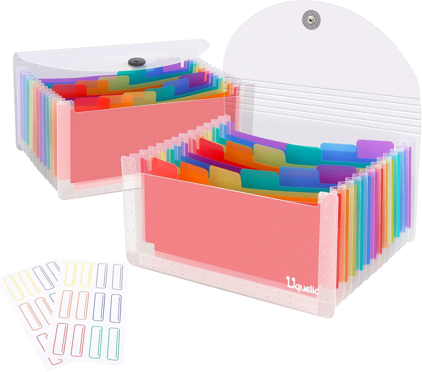 Uquelic 2 Pack File Organizer Stand -13 Pockets Expanding Coupons File Folder Organizer Storage, Rainbow Large Capacity Coupon Organizer with Label, Business Check Binder (Double Clear)