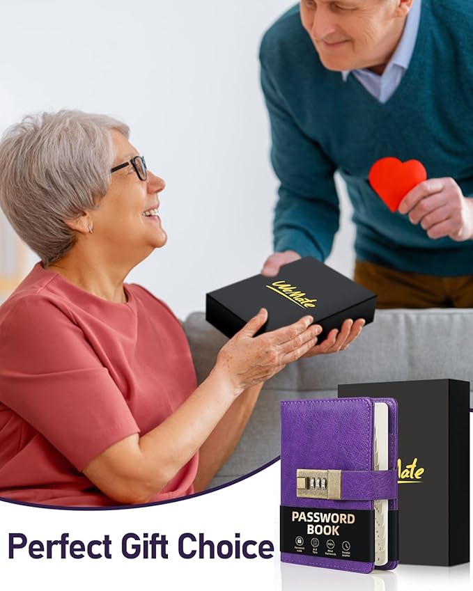 WEMATE Password Book with Lock with Alphabetical Tabs 600+ Password Space,Password Organizer Logbook with Lock, Password Keeper for Computer 4.33 X 6.18 Inch Purple