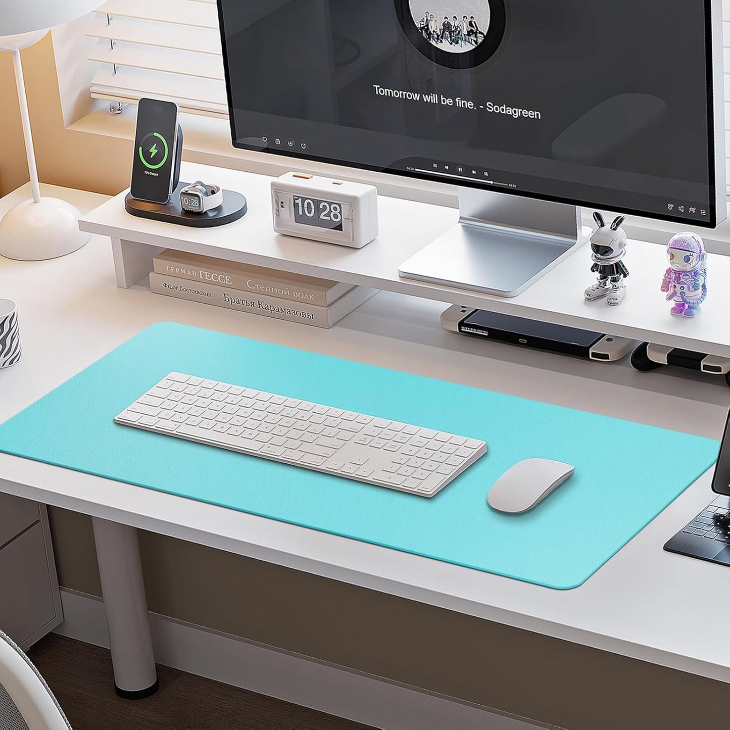 Boutilon Leather Desk Pad Protector,Non-Slip Mouse Pad,Laptop Desk Pad,Office Mouse Mat,Waterproof Leather Desk Blotter,Desk Writing Pad for Office and Home (S-Bright Blue,24"x 14")