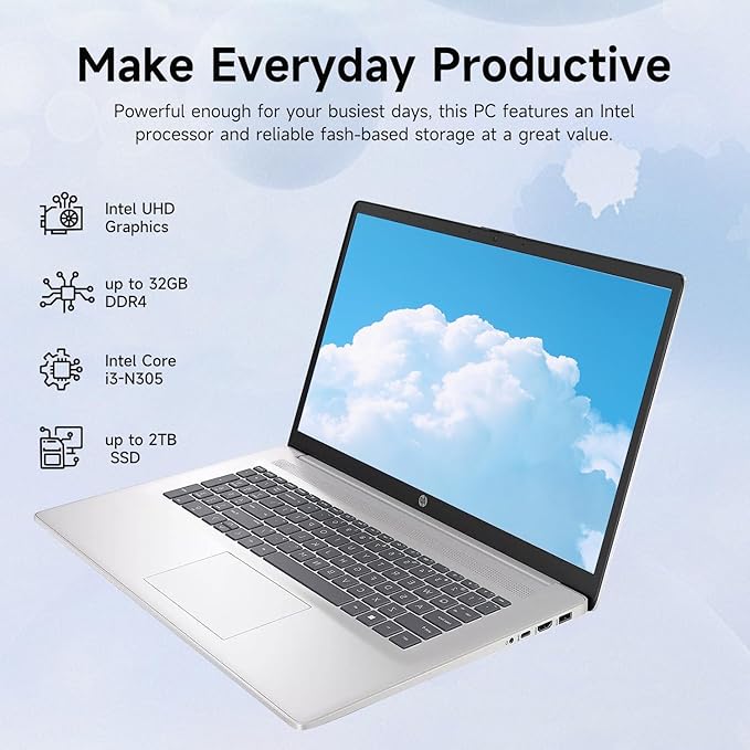 HP High-Performance 17.3" Laptop, 17.3" HD+ Touchscreen, 8-Cores Intel i3-N305, 16GB RAM, 128GB eMMC + 512GB PCIe SSD, Webcam, HDMI, Numeric Keypad, Wi-Fi 6, Windows 11 Pro, Silver