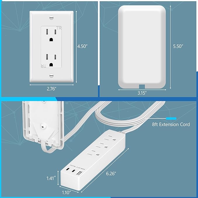 LIDER Outlet Extender with 3 Receptacles, 21W USB Type-A, and 2 USB Type-C, USB Port, Ultra-Thin Wall Plate Plug with Cord Extender, 3-Outlet Power Strip, Flat-Face, ETL-Listed, 3ft Cord, White
