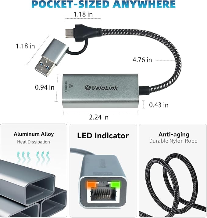 USB to Ethernet Adapter, 1Gbps USB C to RJ45 Gigabit LAN, 2-in-1 Ethernet Adapter for Laptop (Thunderbolt 4/3 Compatible), Aluminium Shell&Nylon Cable for Laptop, MacBook,Chromebook,PC and More