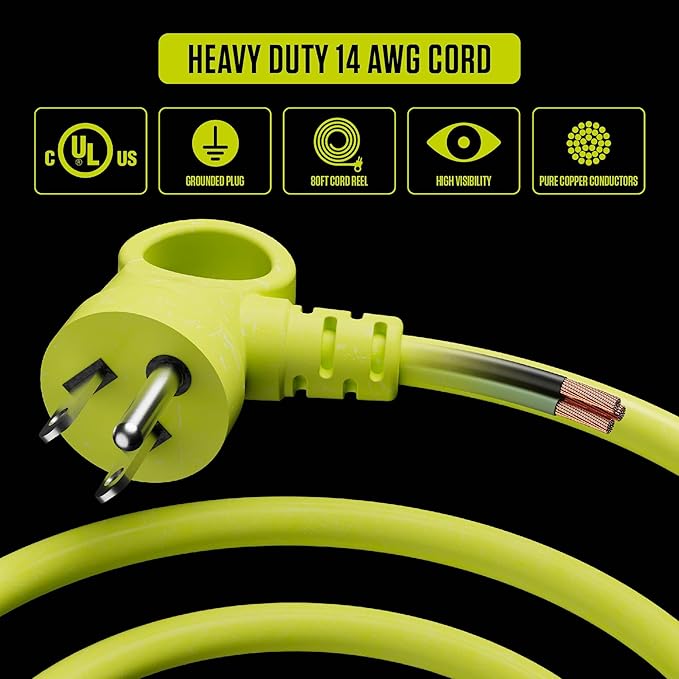 80ft Cord Reel, Retractable Extension Lead with Winding Handle, Safety Overload Circuit Breaker and Power Switch, 4X Grounded Outlets, 13amps, 14AWG Cable