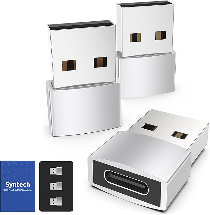 Syntech USB C Female to USB A Male Adapter 3 Pack, Type C Charger Cable Power Adapter Compatible with iPad Air 7, iPhone 17/16/15/14 Pro Max, Apple Watch Series 10/9/8, Samsung Galaxy S20 etc, Silver
