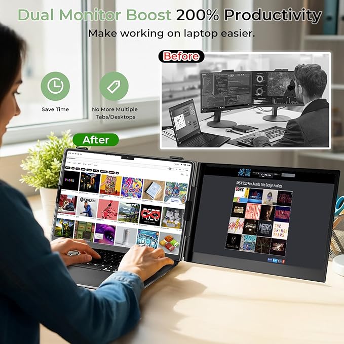 ZUMWALT Laptop Screen Extender, 14" FHD 1080P Dual Portable Monitor for Laptop, Ultra-Thin Travel Monitor Extender Fit 13”-17.3”, Plug and Play Compatible with Windows/Mac/Android/Chrome/Switch