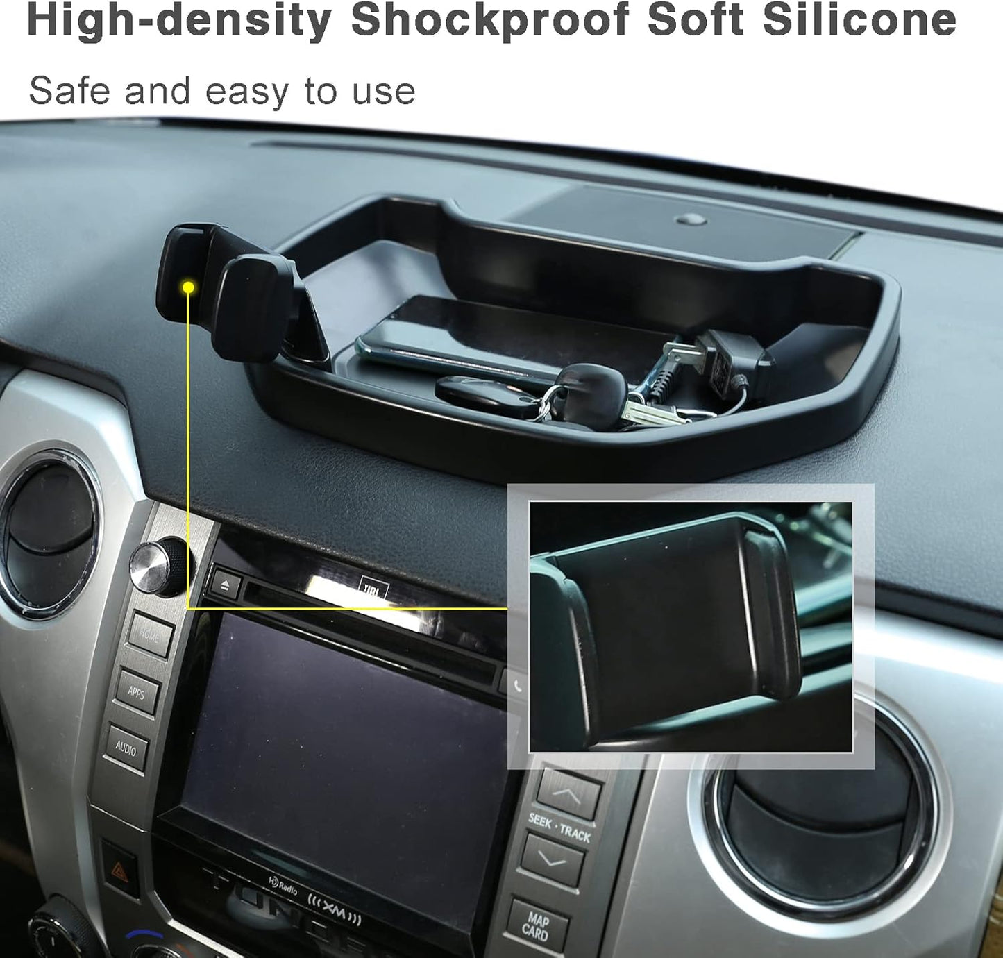 LLKUANG Black ABS Car Center Console Dash Table Storage Tray Fit for Toyota Tundra 2014-2021 Instrument Organizer 360° Rotating Phone Holder Cradle Accessories (with Mobile Phone Holder)