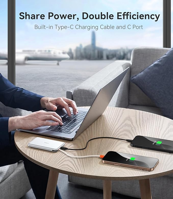 TORRAS Power Bank with Built-in USB-C Cable, Ultra-Slim 10,000mAh Portable Charger USB C, 22.5W Fast Charging Battery Pack for iPhone 17/16/15 Series, Phone air, Galaxy, Pixel, White (No-Wireless)