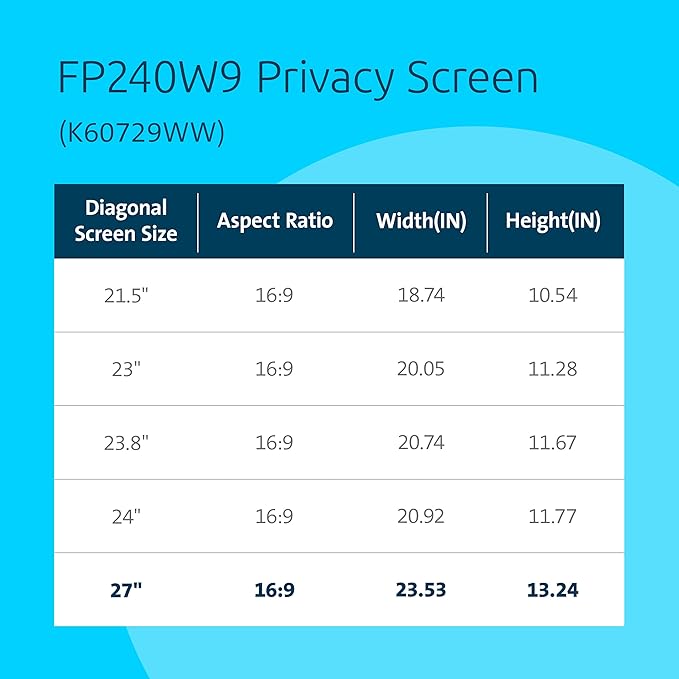 Kensington 27 inch Computer Privacy Screen for Desktop, 16:9 Widescreen Monitor, FP270W9 Anti-Glare Blue Ray Reduction Computer Privacy Filter, Matte and Glossy Viewing Options, K55414WW