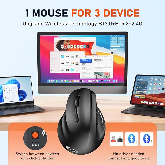 MEETION Left-Handed Mouse, Ergonomic Mouse Wireless Vertical Mouse, RGB Rechargeable Mice for Bluetooth(5.2 + 3.0) & USB-A with Type-c Adapter 4 Adjustable DPI for Mac/Windows/PC/Tablet/iPad Black