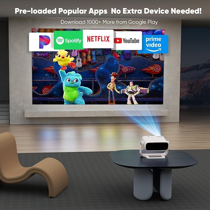 Smart Projector with WiFi 6 and Bluetooth Built-in Apps - 4K Support Portable Mini Projector Native 1080P , 2025 New Auto Keystone & Zoom Home Theater Cinema Movie Proyector, 120° Stand, Grey