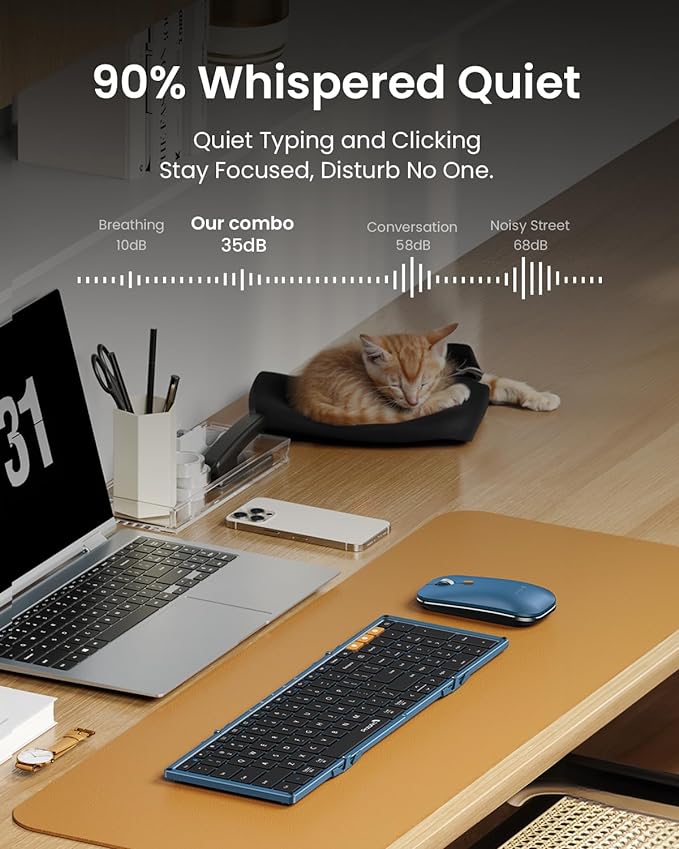 ProtoArc Foldable Keyboard and Mouse, XKM01 True Full-Size Folding Wireless Keyboard Mouse Combo for Business Travel, a Portable Office Suite On-The-Go, Compatible with Laptop iPad Tablet - Blue