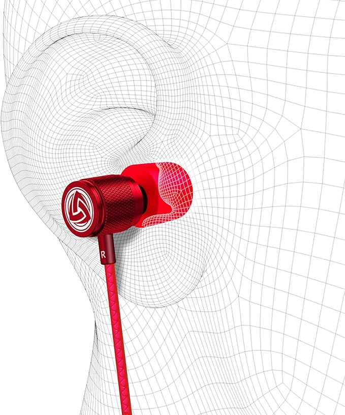 LUDOS Ultra Wired Earbuds in-Ear Headphones, 5 Years Warranty, Earphones with Microphone, Noise Isolating Ear Buds, Memory Foam for iPhone, Samsung, School Students, Kids, Women, Small Ears - Red