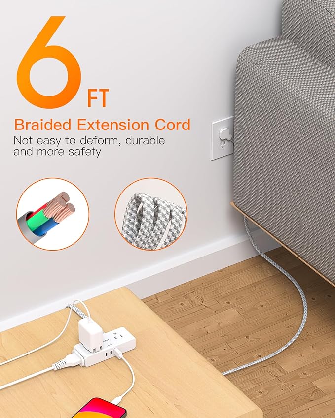Flat Extension Cord 6 feet, Flat Plug Power Strip, 4 Widely Outlets with 3 USB Ports (2 USB C), 3 Side Outlet Extender with Extension Cord with Multiple Outlets for Home, Office, Dorm Room Essentials
