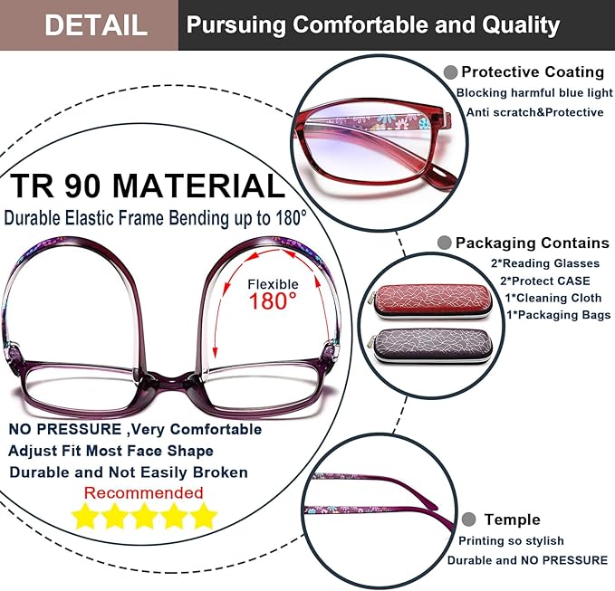 EYEURL Reading Glasses for Womens Blue Light Blocking - 2 Pairs Ladies Computer Readers +3.75 Lightweight Flexible Eyeglass Anti Eyestrain UV