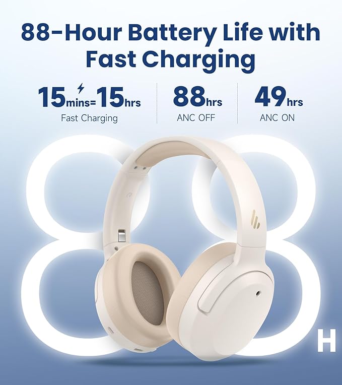 Edifier W820NB Plus Gen 2 Wireless Over-Ear Noise Cancelling Headphone, -49 dB ANC, LDAC Hi-Res Audio, 88H Playtime, Spatial Sound, Volume Guard, Bluetooth V6.1 & Multipoint, Fast Charge - Ivory