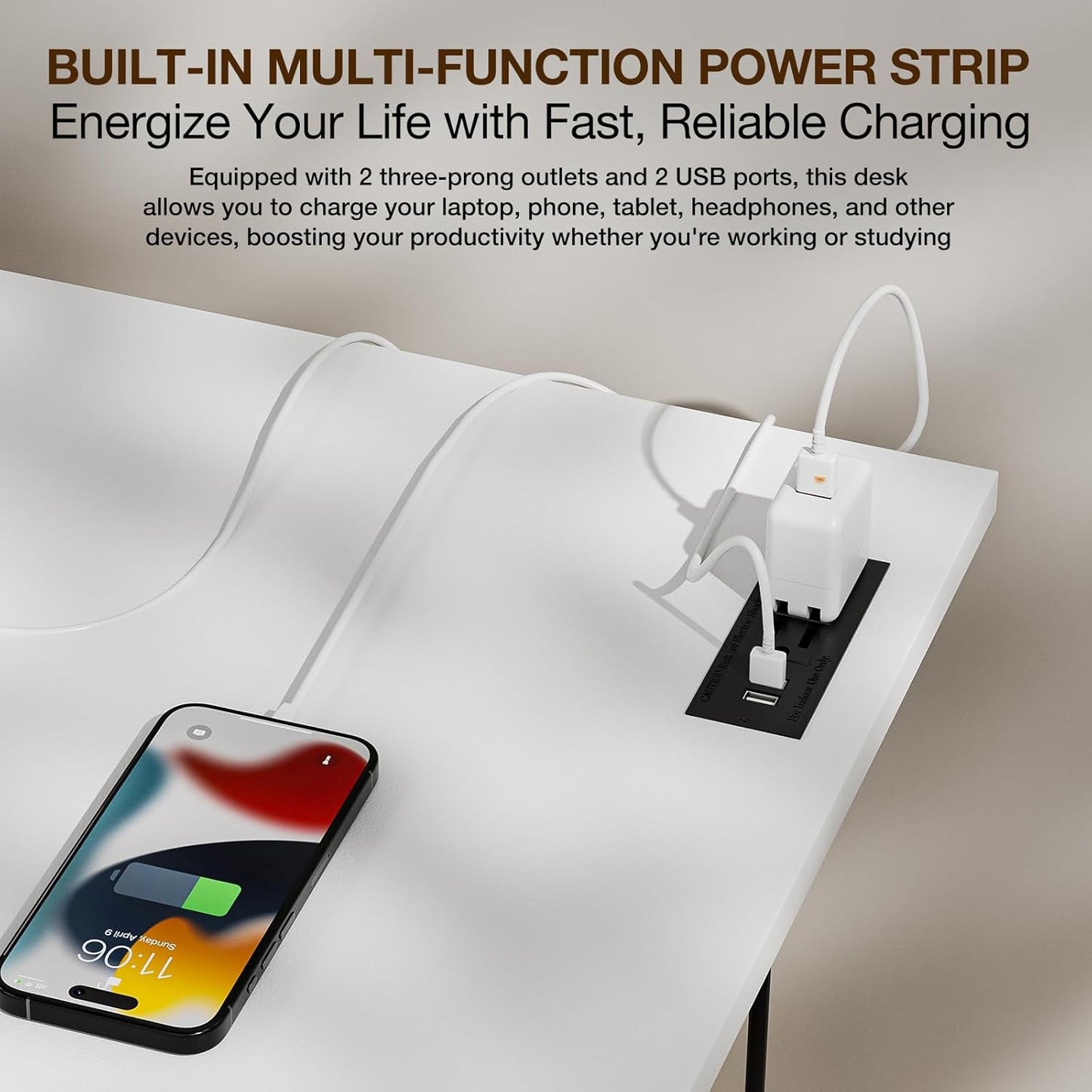 TEMI Long Computer Desk Folding Table - No Assembly, Compact 55.1" Foldable Desk with Power Outlets & USB Charging Port, Portable Lagre Office Desk, Ideal Large Study Table for Narrow Spaces