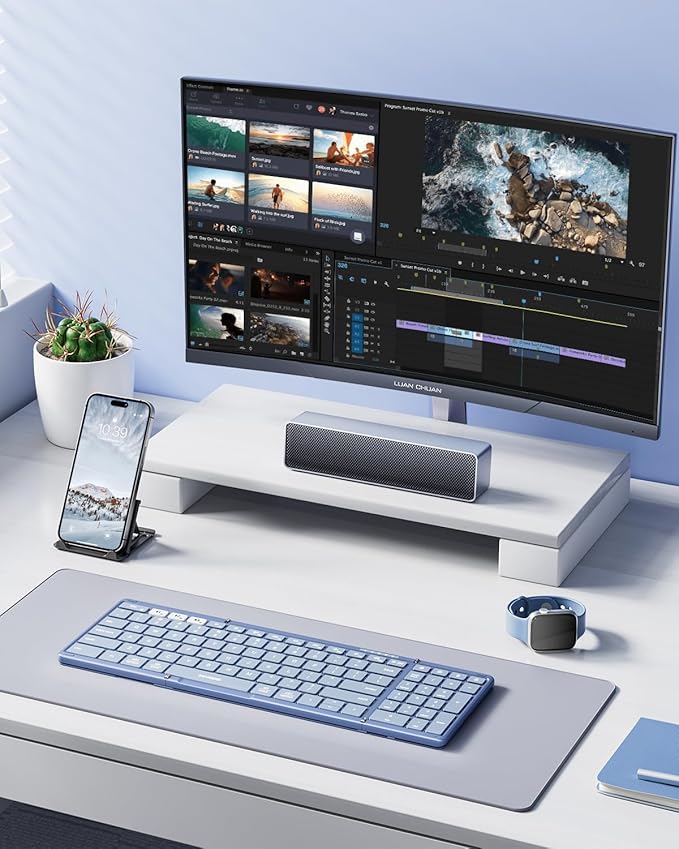 Samsers Foldable Bluetooth Keyboard with Numeric Keypad, Full-Size Wireless Folding PU Leather, Portable Travel for iOS Android Windows Mac OS, Support 3 Device(BT5.1 x 3) Blue