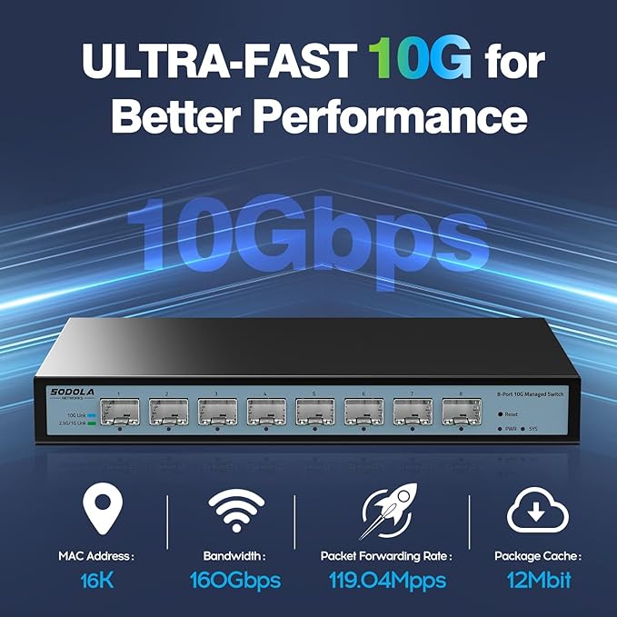 8 Port 10G Web Managed Switch, 8X10G SFP+ Ports, Link Aggregation/QoS/VLAN/IGMP, Wall Mounted Fanless 10Gb Multi-gig Network Switch（SFP Ports Only
