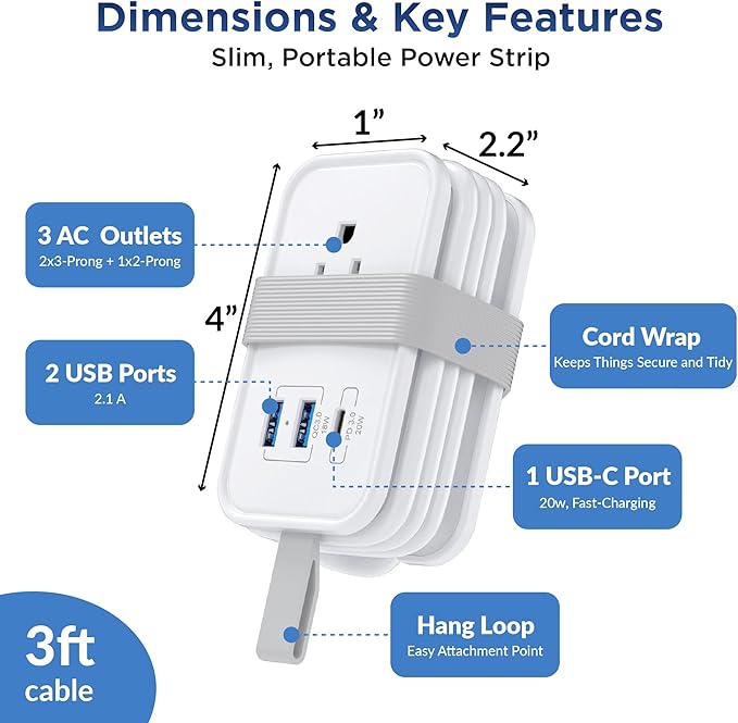 Travel Charger for Multiple Devices, Flat Plug Power Strip 3ft Adapter Extension Cord, 3 AC Outlets, 2 USB & 1 Fast Charging USB-C, No Surge Cruise Approved, Portable Power Strip