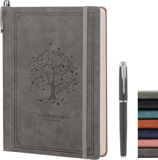 Lined Notebook Journal for Women Men 320 Pages A5 Hardcover Leather with Pen Holder College Ruled Journals for Work Note Taking Travel School Gray