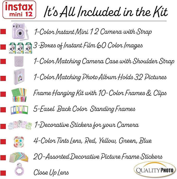 Fujifilm Instax Mini 12 Instant Camera + 60 Photo Prints + Accessories, Lilac Purple