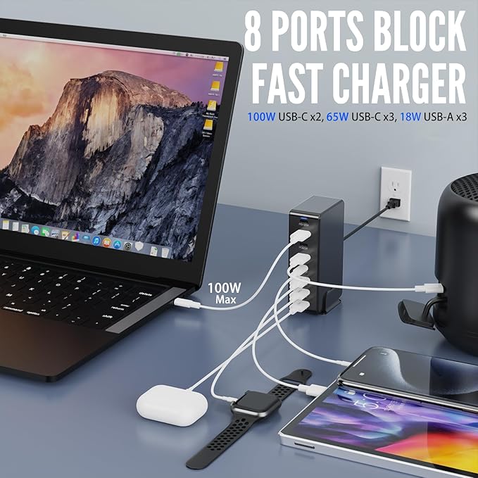 USB C Charger Block Charging Station 440W GAN3, 100W Laptop Charger Multi Port Charging Station 8 Port Hub Brick Compatible with Laptops, MacBook, iPhone, iPad, Samsung, Google, Watch, Earbuds etc
