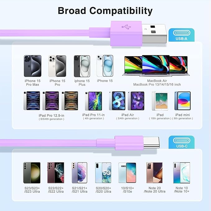 3-Pack Purple [3.3FT+3.3FT+6FT] USB A to USB C Cable，USB to USB C Car Carplay Cable for iPhone 16 15 Pro Plus Pro Max，for iPad Pro/Air/Mini，for Samsung S24/S23/S22，for MacBook Pro/Air and More