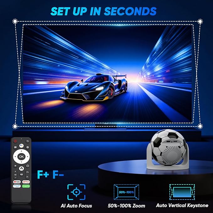 Mini Projector with WiFi and Bluetooth Auto Focus & Vertical Keystone Smart Portable Projector Android 13 with Built in Apps 1080P HD 4K Support w/ HDMI/USB Supported Home Movie Projector (Football)