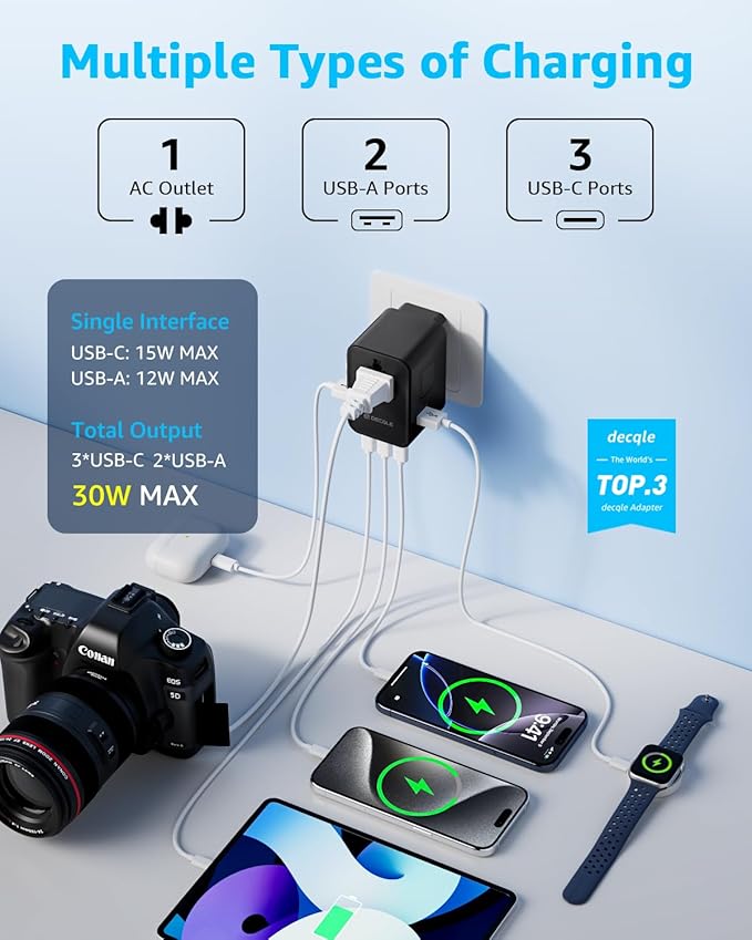 Universal Travel Adapter, International Travel Plug Adapter with 3 USB-C ＆ 2 USB-A Ports(Total 30W), All in One Portable Adaptor, for USA, UK, EU, AU ＆ 224+ Countries (Black)