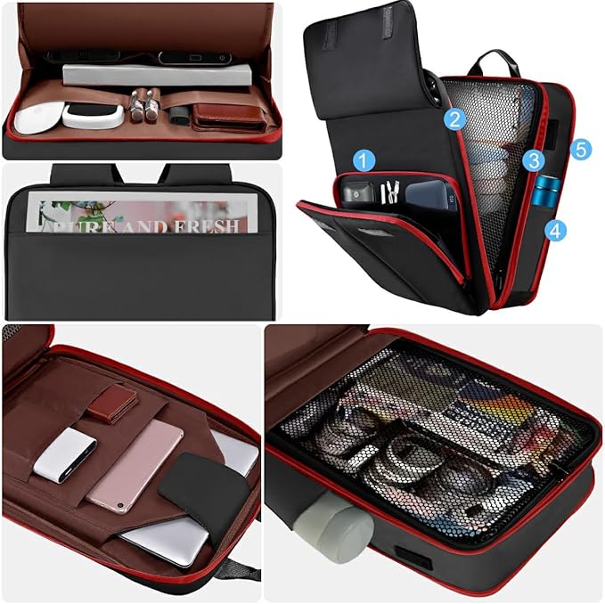 ZINZ Slim & Expandable Laptop Backpack 15.6 16 17 inch Travel Business Backpack Water-Resistant Daypack for Men and Women，Black red