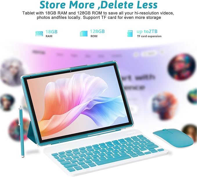 Android 15.0 10Inches Tablet, 18GB RAM+128GB ROM+2TB Expandable, Tab Set with Keyboard/Case/Mouse/Stylus, 2.0GHz Quad-core Processor, 1280 * 800 IPS HDScreen, 5G WiFi6 BT 5.0 (Blue)