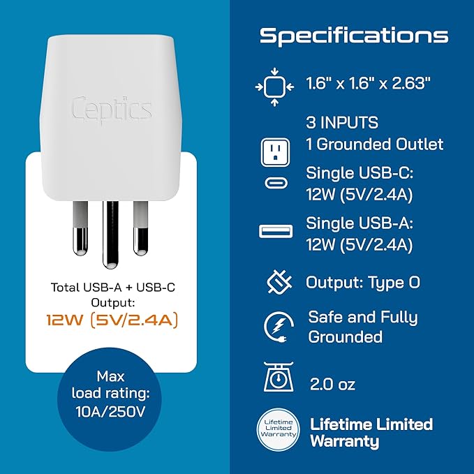 Ceptics Thailand Travel Plug Adapter – Type O Power Adapter with USB-C & A + USA Input – Ultra Compact,3-in-1 Safe Grounded Adapter Plug for Thailand