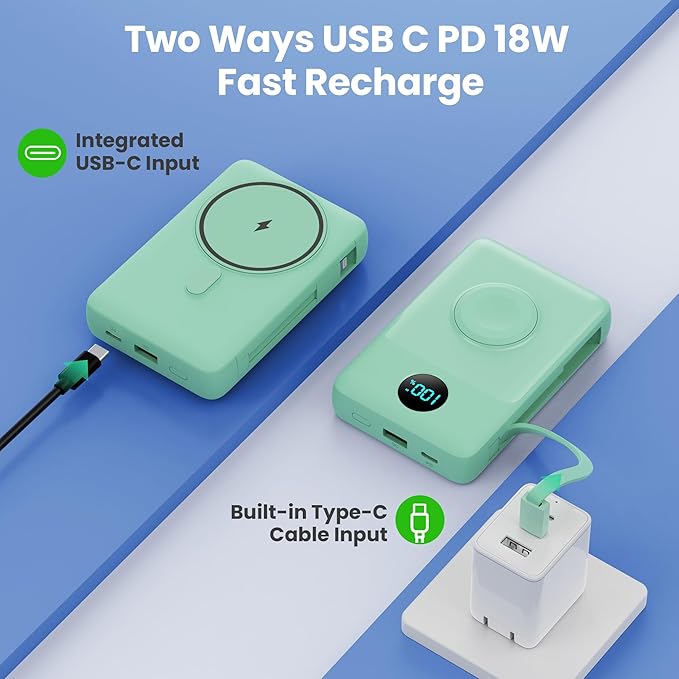 Magnetic Portable Charger 10800mAh for iPhone with Built-in Cables, 6-in-1 Wireless Power Bank with iWatch Charger, 25W PD Fast Charging USB C Battery Pack for iPhone 16/15/14/13/12,Apple Watch(Green)