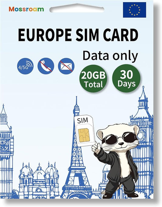 Data SIM Card for Europe Travel 30 Days 20GB Total for Unlocked Phones,Easy Activation 4/5G High-Speed Communication, Coverage of All European Countries