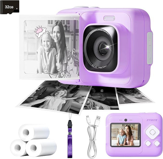 Instant Print Camera for Kids, HD Digital Camera, Christmas Birthday Gifts for 4 5 6 7 8 9 10 Year Old Girls Boys, Portable Toy Printer with 32GB SD Card & 3 Rolls Printing Paper, Plum