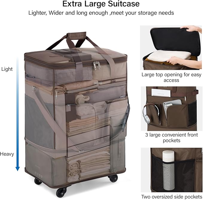 Hanke Expandable Collapsible Luggage with Wheels Suitcase, Rolling Travel Bag, Duffel Garment Tote Bag for Men Women, Lightweight Suitcase, Large Capacity Luggage with Spinner Wheel (Coffee)