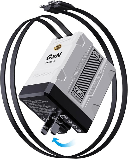 W&O 45W GaN Charger Fast Charging,Retractable Phone Charger Wall Plug with Lightening and Type-C Cables,for iPhone16/15/14/13/12/11 Series, Galaxy S25 24,Android and More (White)