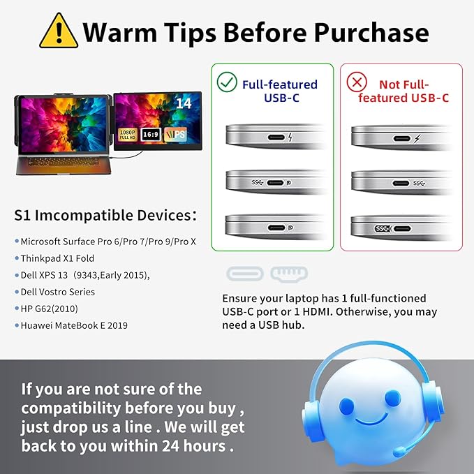 Laptop Screen Extender Monitor - 14 Inch Portable IPS FHD 1080P HDMI/USB-A/Type-C Dual Extended Monitor for Laptops (Maximum Length: 15.94") Compatible with Windows Mac Travel Gaming Work