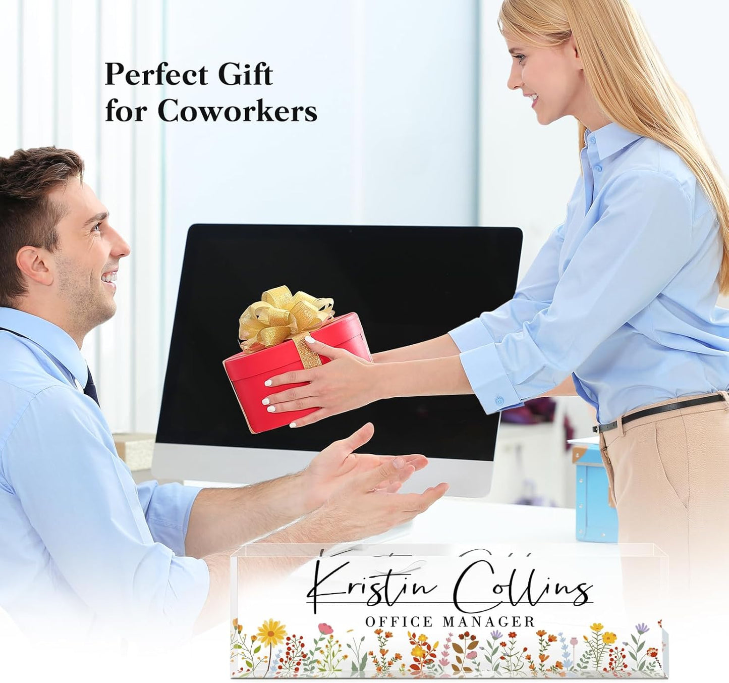 Custom Name Plate for Desk, Acrylic Office Decor For Women Men, Personalized Office Desk Accessories, Teacher Employee Appreciation Gifts For Social Worker Boss Coworkers (Flowers-1)