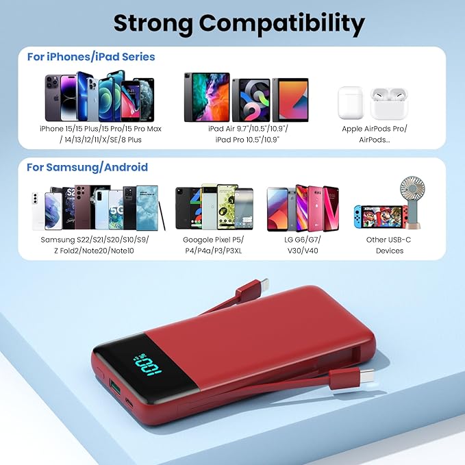 YHO Portable Charger 13800mAh for iPhone with Built-in Cables & AC Wall Plug,5-in-1 USB-C Power Bank,LCD Display External Battery Pack Phone Charger Compatible with iPhone 16/15/14,Android (Red)