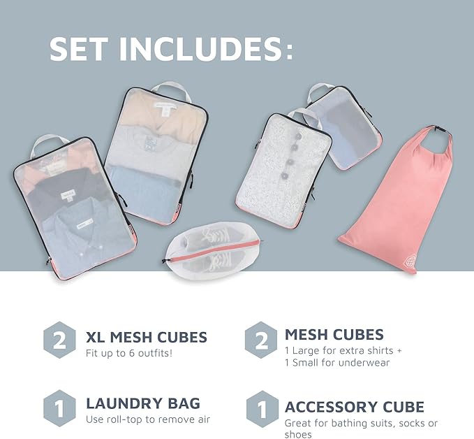 Large Packing Cube Set with See Through Mesh- Compression Packing Cubes Travel Organizers by TRIPPED Travel Gear (Dusty Rose)