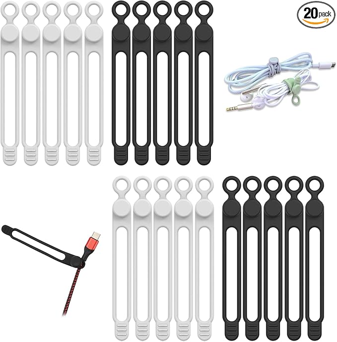 20pcs Silicone Cable Ties,Reusable Cable Management Organizer, Wire Ties，Travel Cord Ties，Cord Organizer for Bundling Cable Cords in Home,Office,Kitchen,School(White Black)