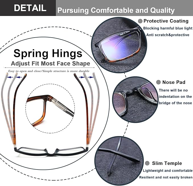 Professional Reading Glasses for Men/Women, Blue Light Blocking Computer Readers with Spring Hinges for Glare and UV Protection