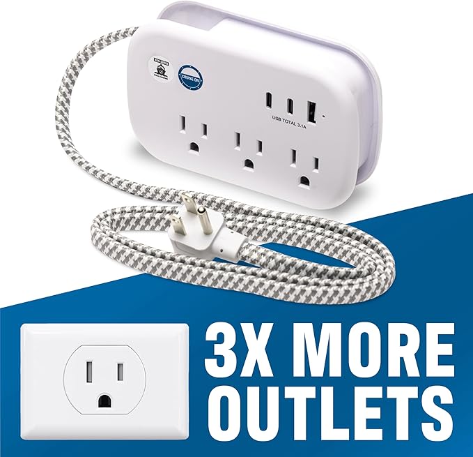 Cruise Approved Power Strip Non Surge Protector - 3.3 ft Wrapped Travel Extension Cord, 2 USB-C, 1 USB, 3 AC Outlet, Cruise Ship Essentials for Carnival, Princess & Major Lines 2025 & 2026