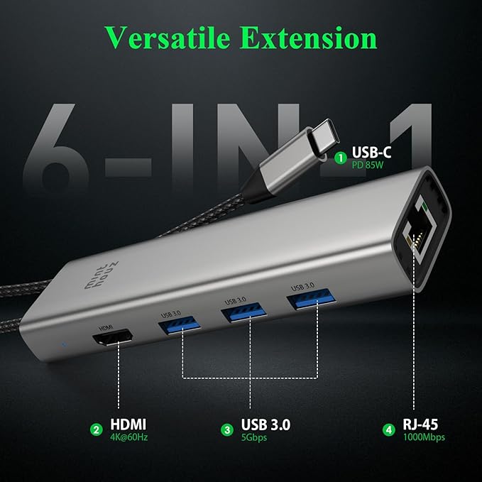 Minthouz USB C Hub, 6 in 1 Laptop Docking Station, Multiport Adapter with HDMI 4K@60Hz, 1000Mbps LAN, USB 3.0 Ports, PD 100W Charging, Compatible with Surface, M1, M2, M3, HP, Lenovo